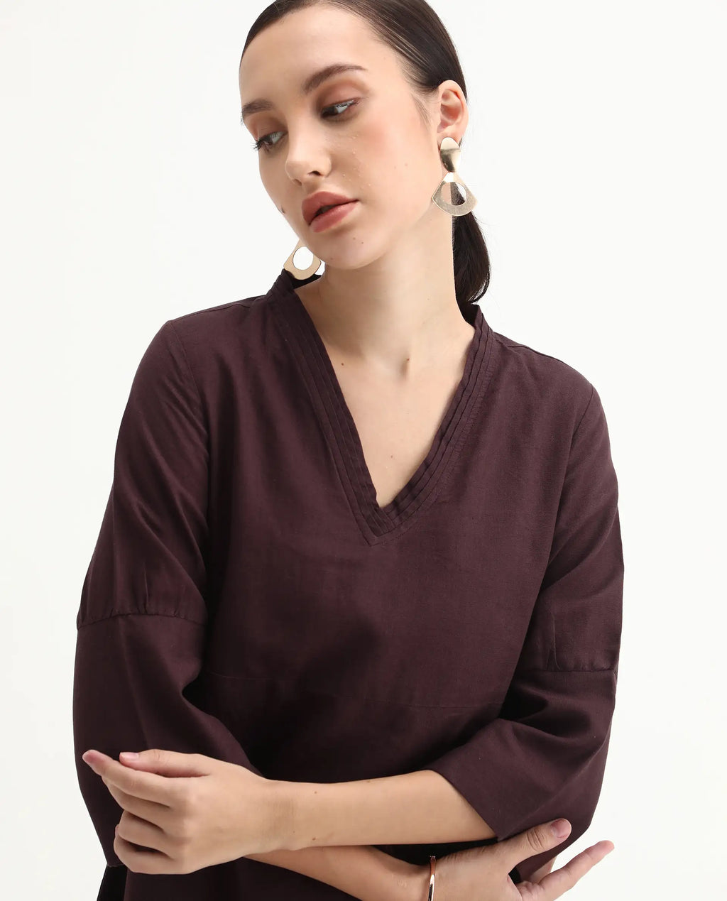 Rareism Women's Orie Brown Linen V-Neck Plain Midi Relaxed Fit Dress