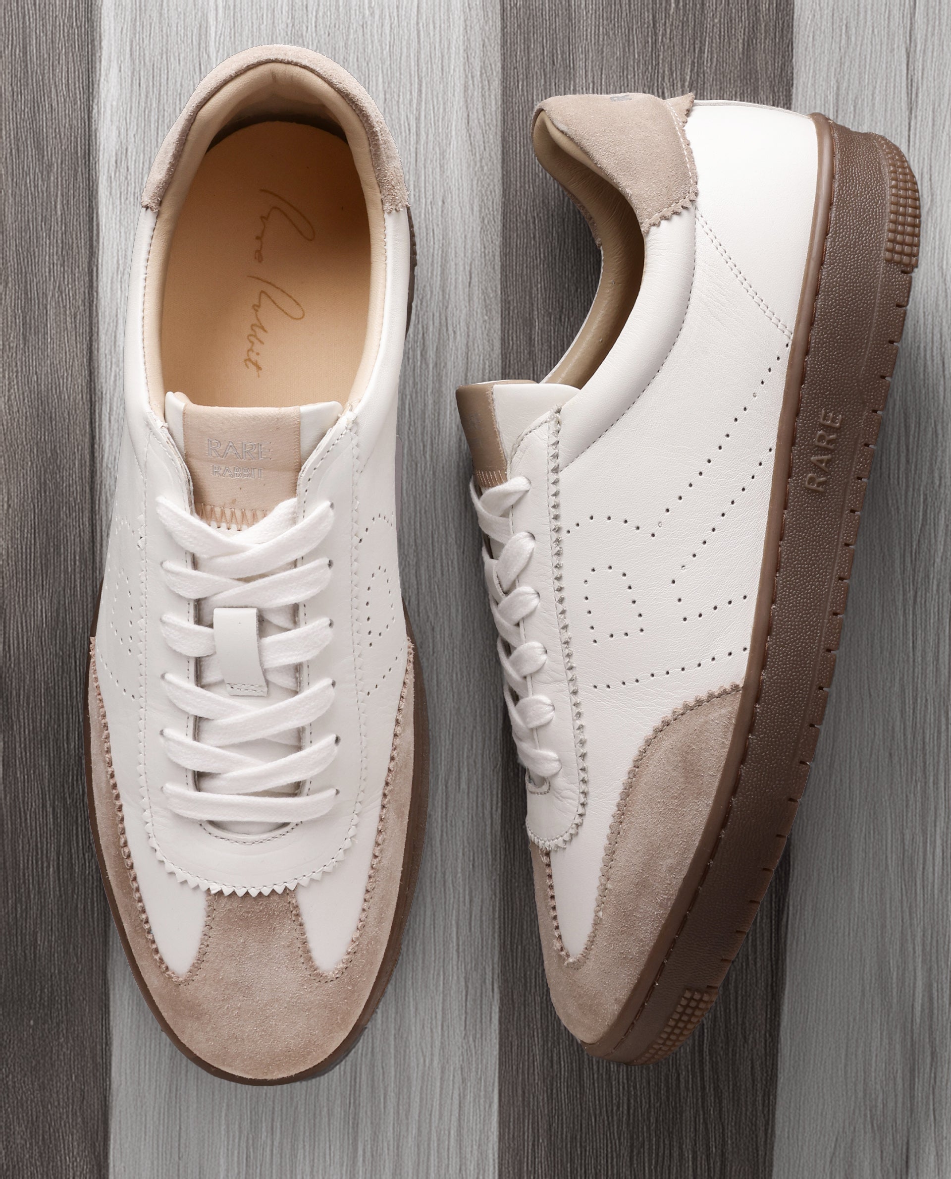 Rare Rabbit Men's Orion Light Beige Suede And Leather Low-Top Lace-Up Sneaker Shoes