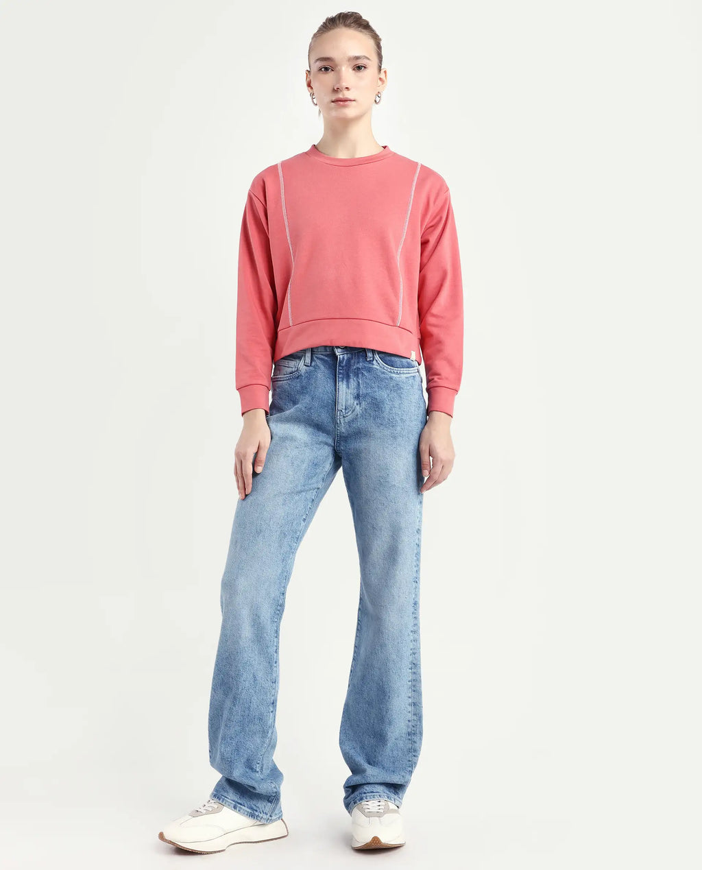 Rareism Women's Osseo Light Blue Cotton Blend Plain Ankle Length Smart Straight Fit Jeans