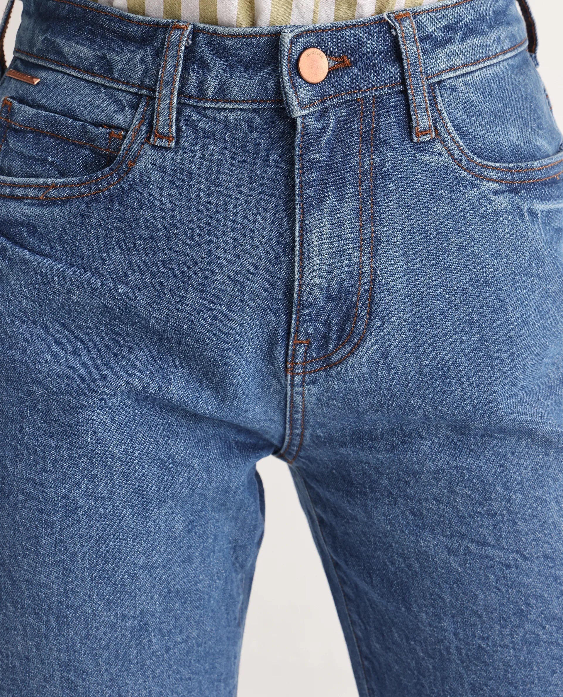 Rareism Women's Osseo Blue Cotton Blend Plain Ankle Length Smart Straight Fit Jeans