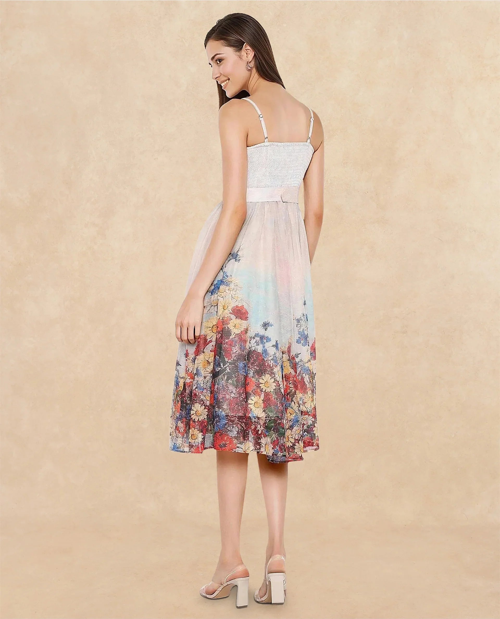 Rareism Women's Osthu Light Multi Polyester Blend Tube Neck Floral Print Sleeveless Midi Fit And Flare Dress