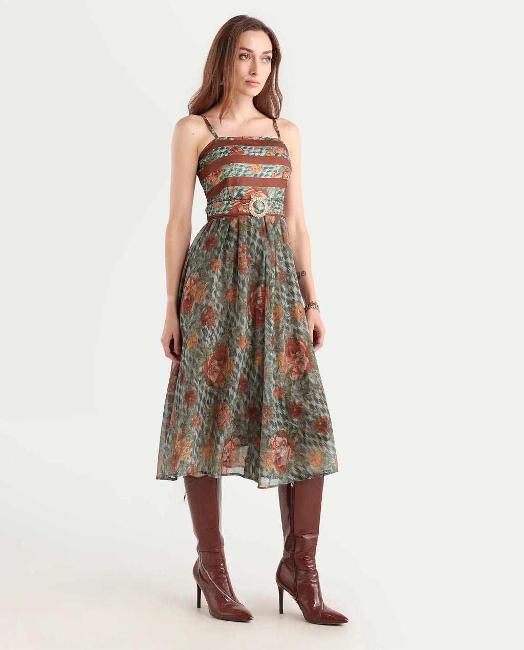 Rareism Women's Ostig Multi Satin Tube Neck Floral Print Sleeveless Midi Fit And Flare Dress
