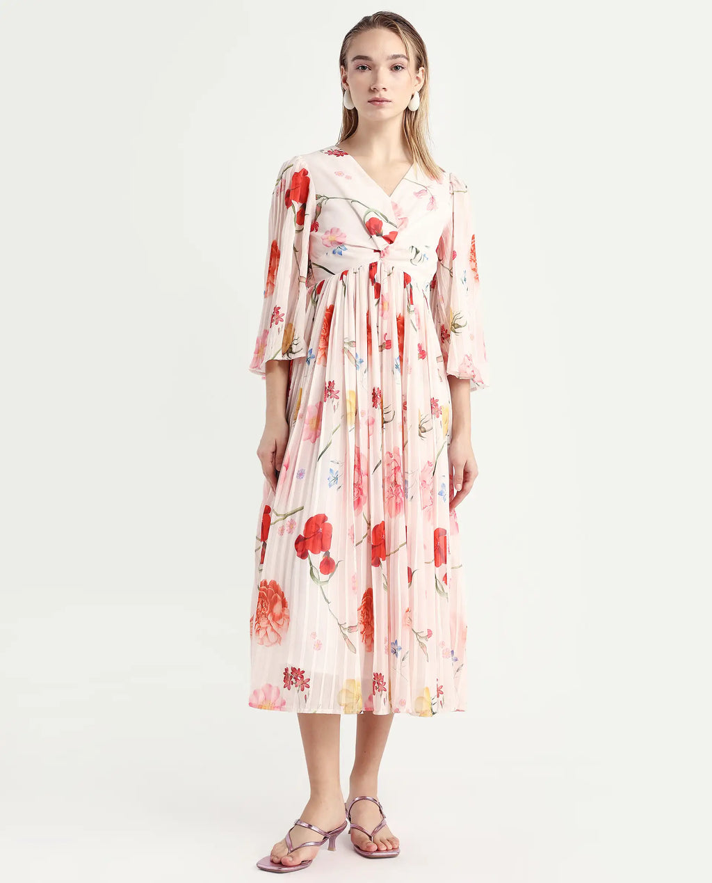 Rareism Women's Otto White Polyester V-Neck Floral Print Bell Sleeve Midi Fit And Flare Dress