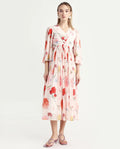 Rareism Women's Otto White Polyester V-Neck Floral Print Bell Sleeve Midi Fit And Flare Dress