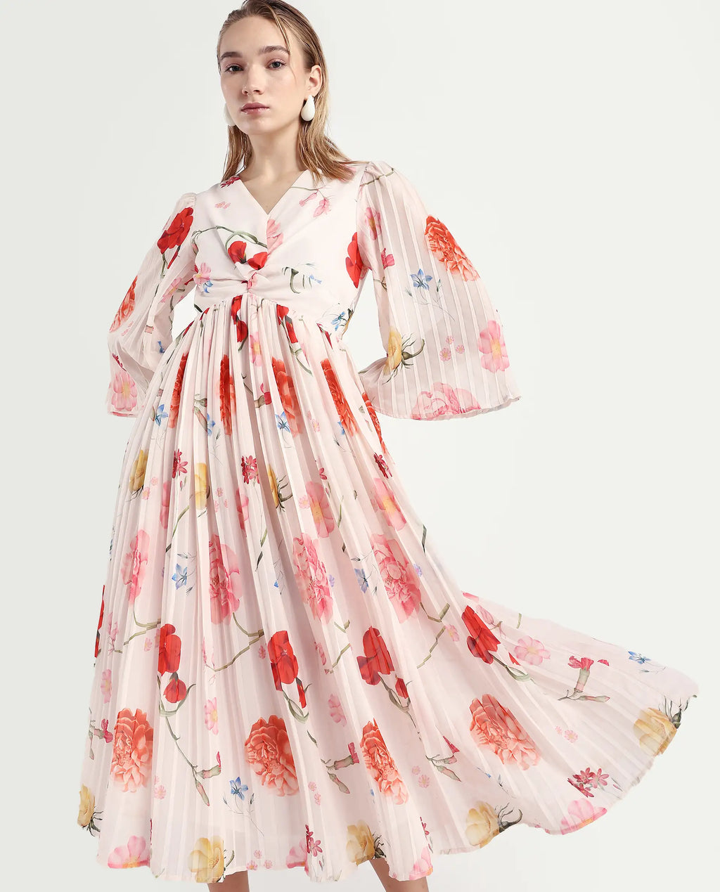 Rareism Women's Otto White Polyester V-Neck Floral Print Bell Sleeve Midi Fit And Flare Dress