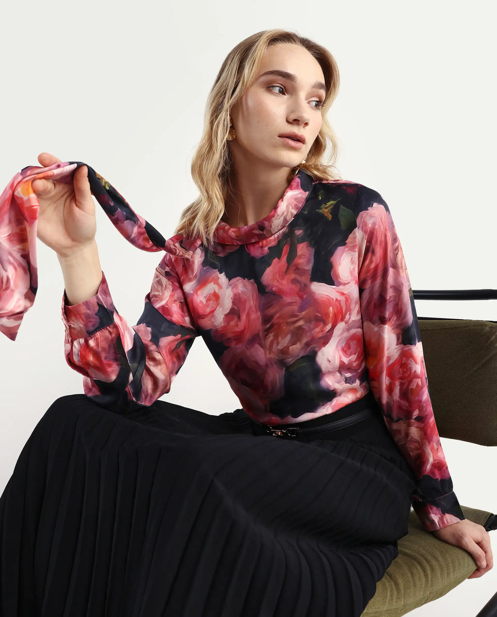 Rareism Women's Oudid Multi Cotton Blend Cowl Neck Floral Print Cuffed Sleeve Regular Fit Top