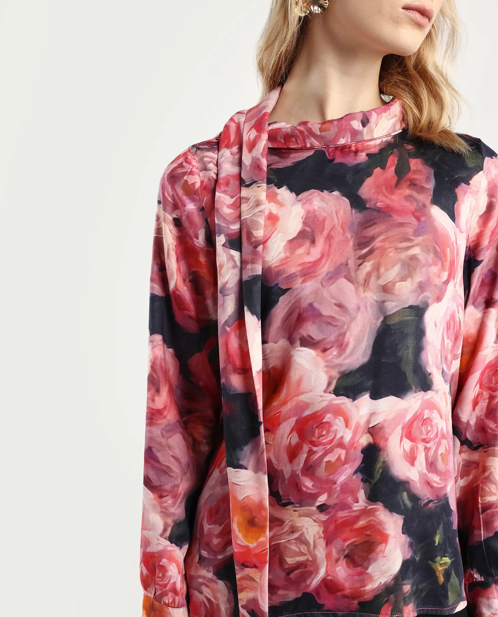 Rareism Women's Oudid Multi Cotton Blend Cowl Neck Floral Print Cuffed Sleeve Regular Fit Top