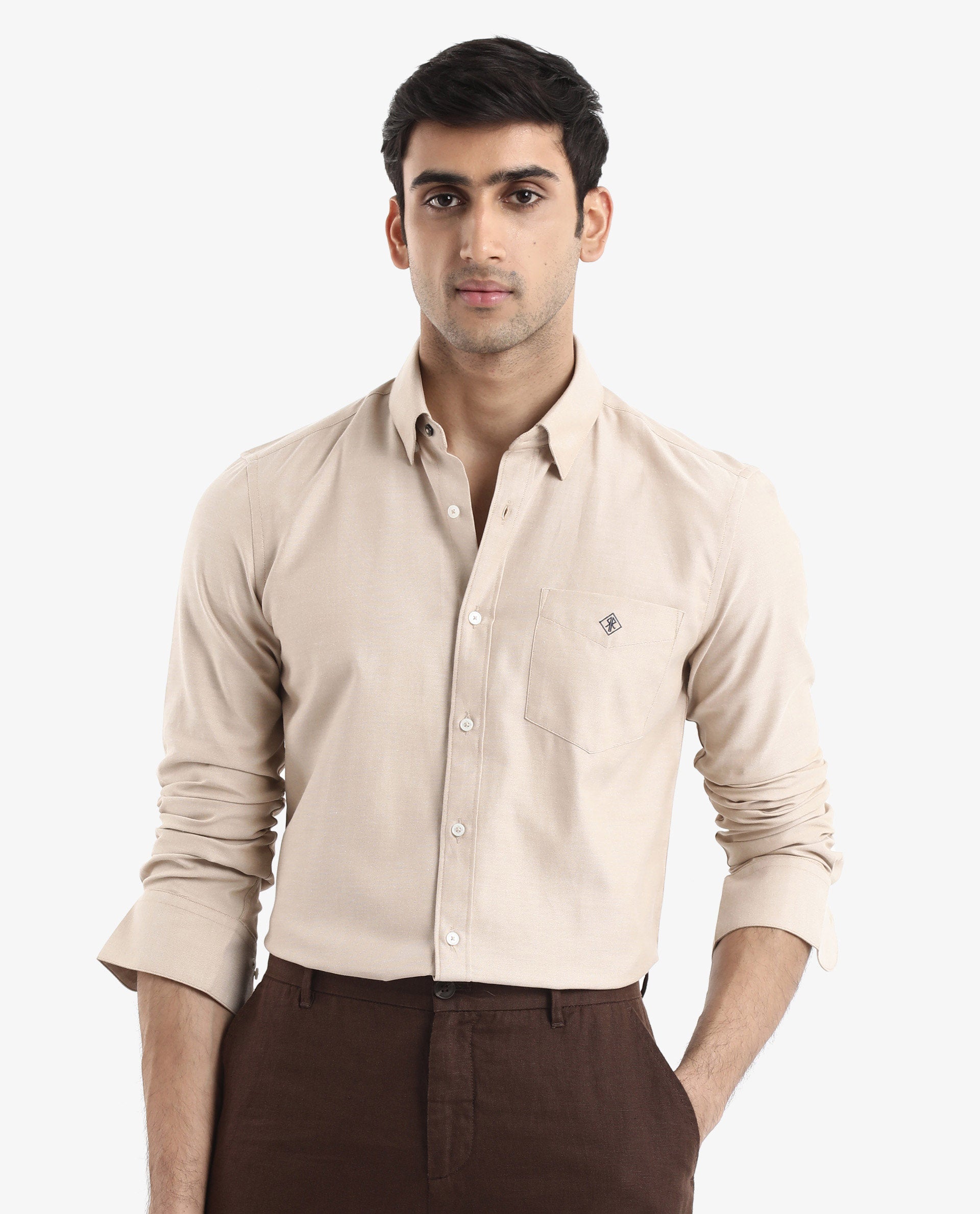 Rare Rabbit Men's Oxfom Beige Cotton Embroidered Regular Fit Full Sleeve Collared Shirt