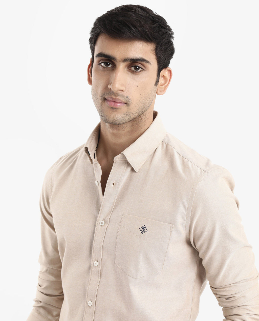 Rare Rabbit Men's Oxfom Beige Cotton Embroidered Regular Fit Full Sleeve Collared Shirt