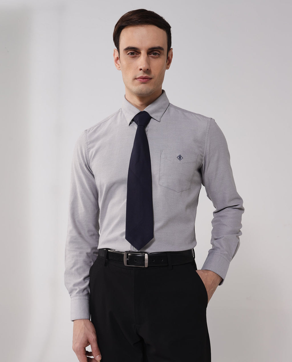Rare Rabbit Men's Oxfom Grey Cotton Embroidered Regular Fit Full Sleeve Collared Shirt