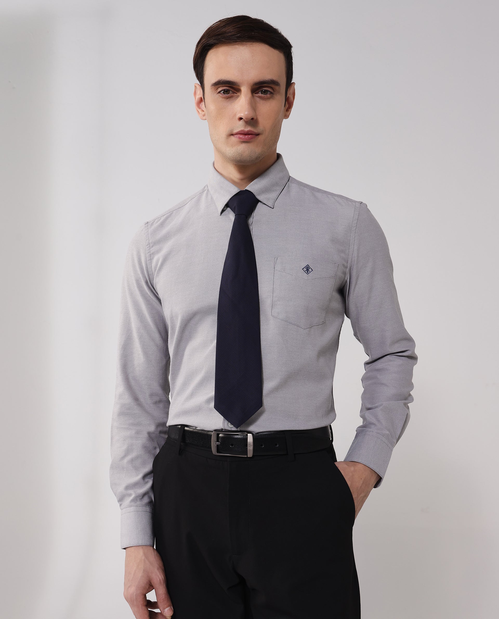 Rare Rabbit Men's Oxfom Grey Cotton Embroidered Regular Fit Full Sleeve Collared Shirt