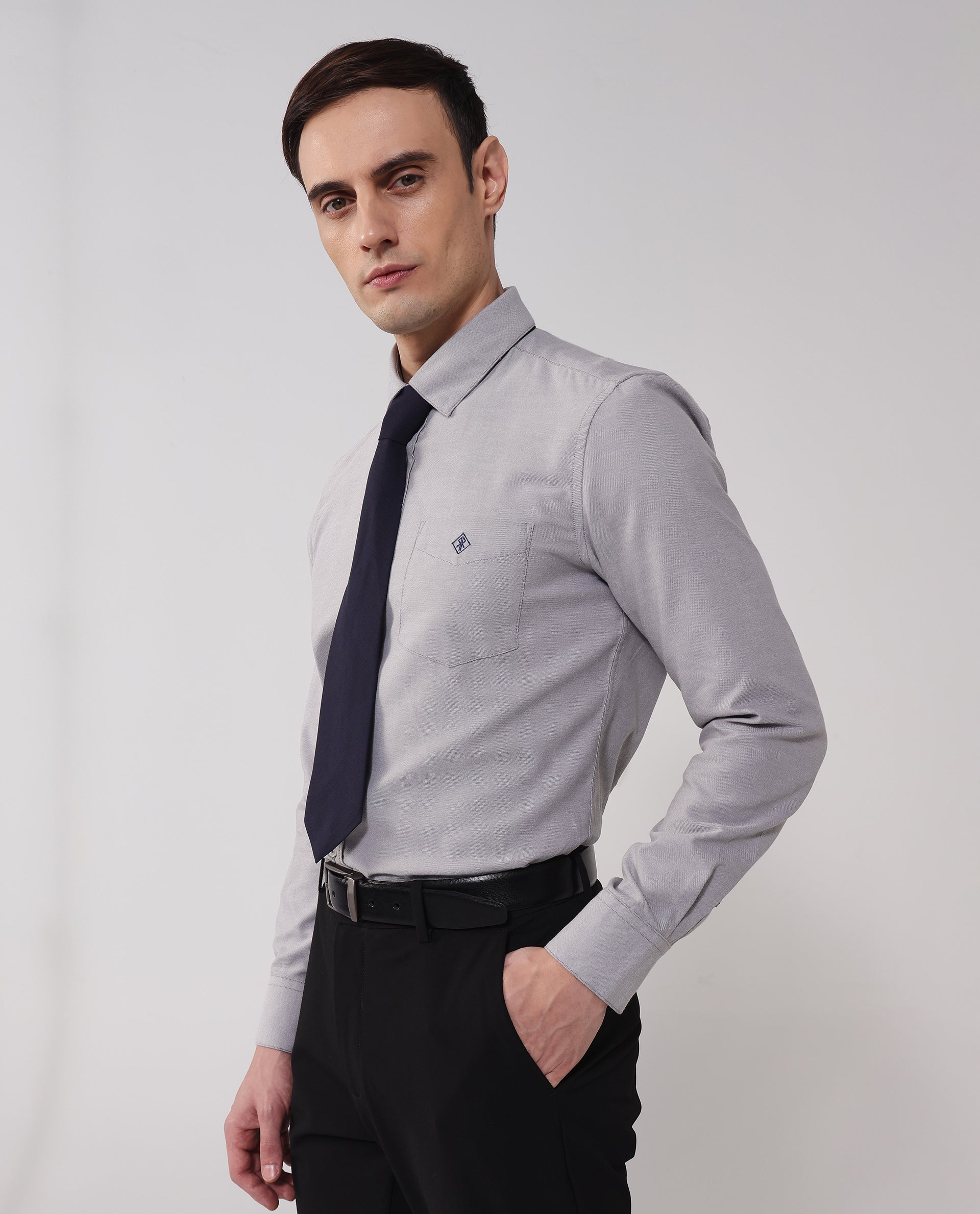 Rare Rabbit Men's Oxfom Grey Cotton Embroidered Regular Fit Full Sleeve Collared Shirt