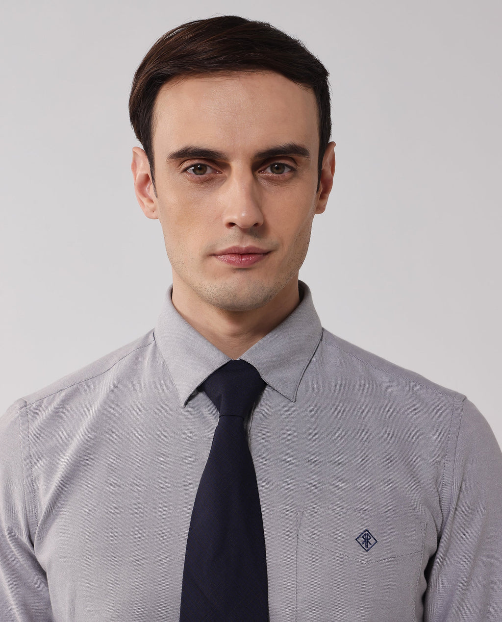 Rare Rabbit Men's Oxfom Grey Cotton Embroidered Regular Fit Full Sleeve Collared Shirt