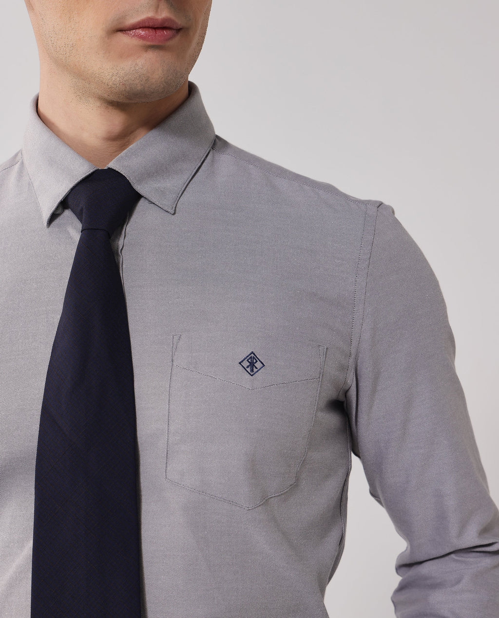 Rare Rabbit Men's Oxfom Grey Cotton Embroidered Regular Fit Full Sleeve Collared Shirt