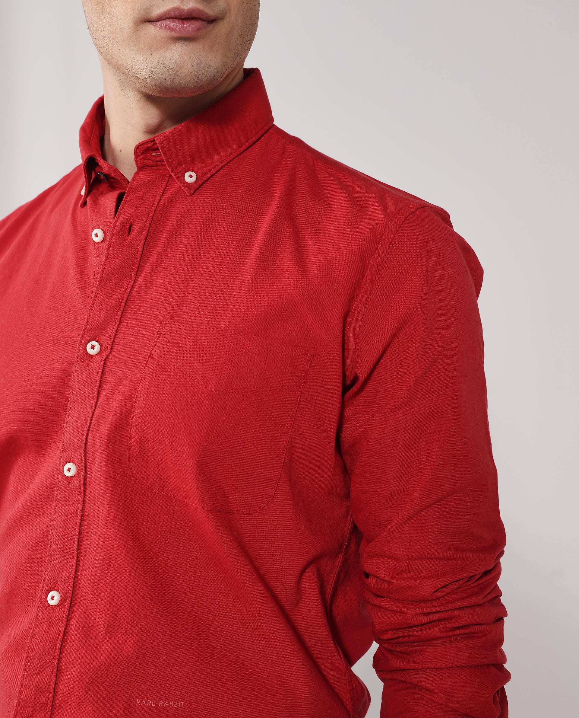 Rare Rabbit Men's Auxfo Red Cotton Plain Regular Fit Full Sleeve Button-Down Collar Shirt