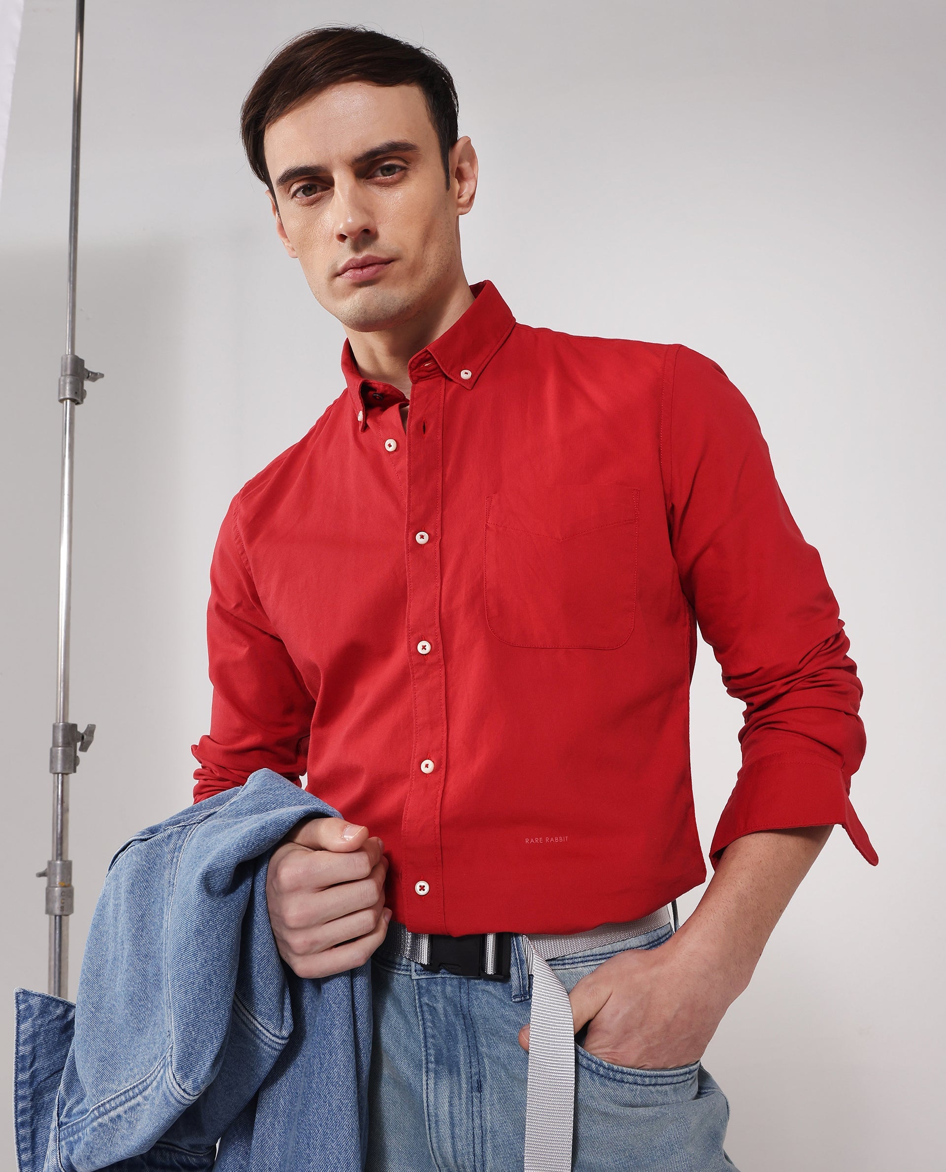 Rare Rabbit Men's Auxfo Red Cotton Plain Regular Fit Full Sleeve Button-Down Collar Shirt