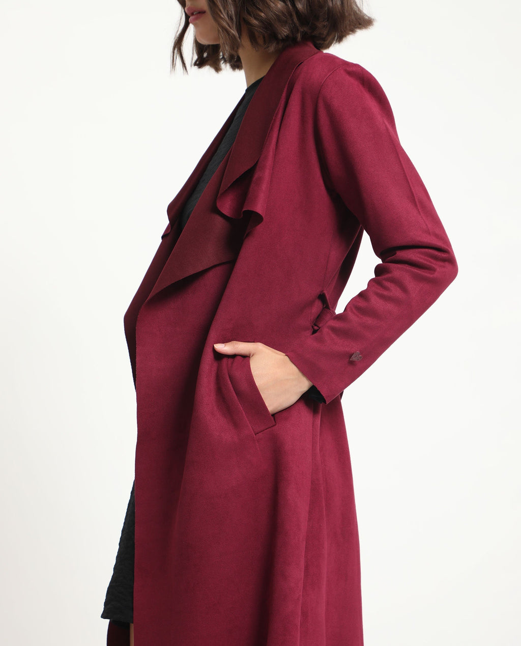 Rareism Women's Palmer 1 Maroon Polyester Cutaway Collar Plain Knee Length Relaxed Fit Jacket