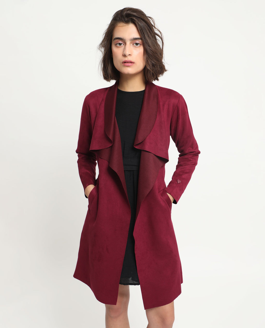Rareism Women's Palmer 1 Maroon Polyester Cutaway Collar Plain Knee Length Relaxed Fit Jacket