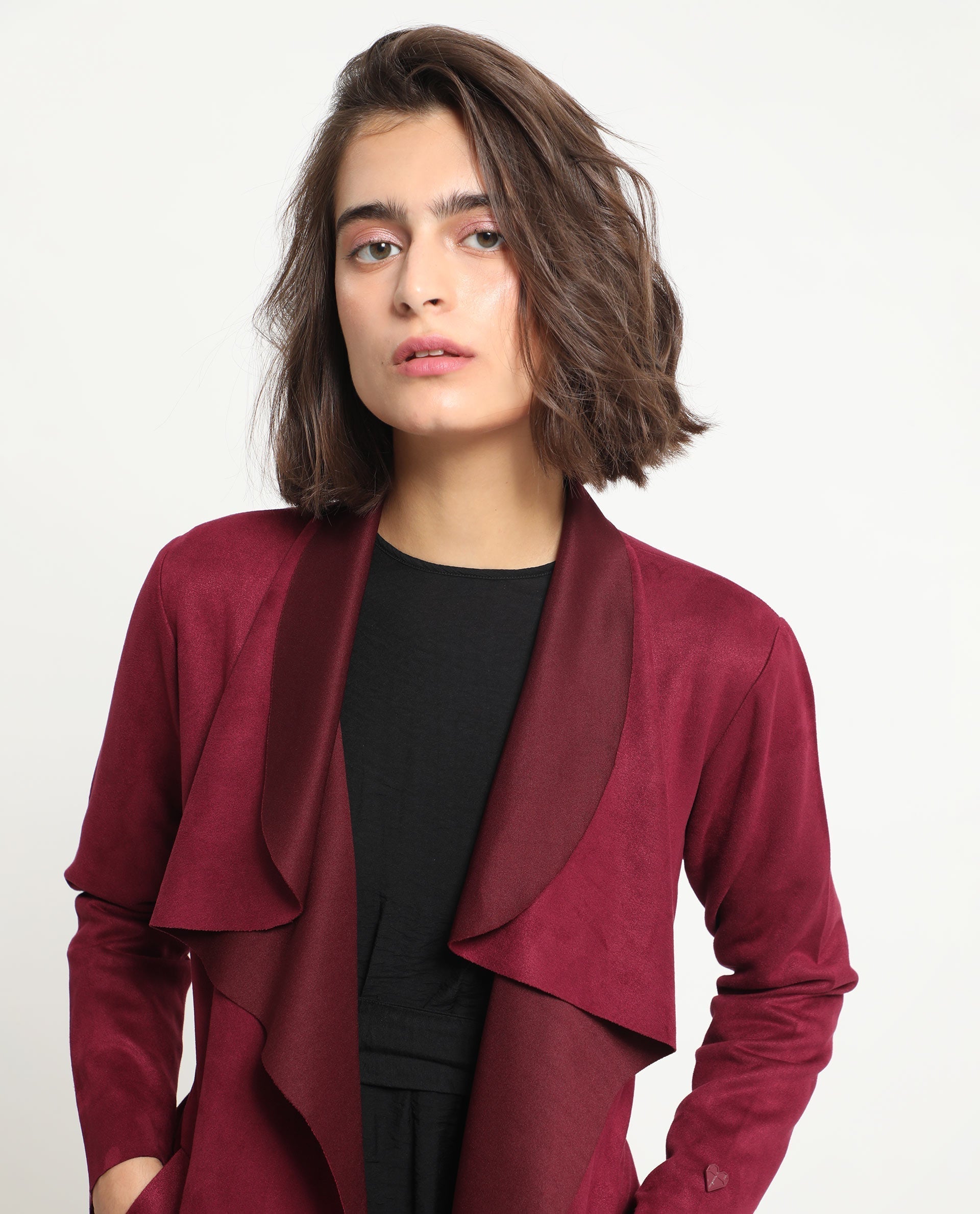 Rareism Women's Palmer 1 Maroon Polyester Cutaway Collar Plain Knee Length Relaxed Fit Jacket