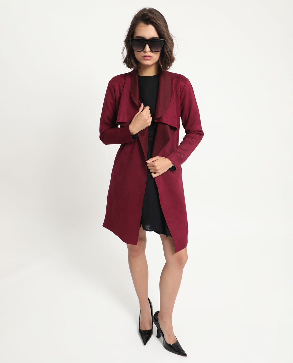 Rareism Women's Palmer 1 Maroon Polyester Cutaway Collar Plain Knee Length Relaxed Fit Jacket