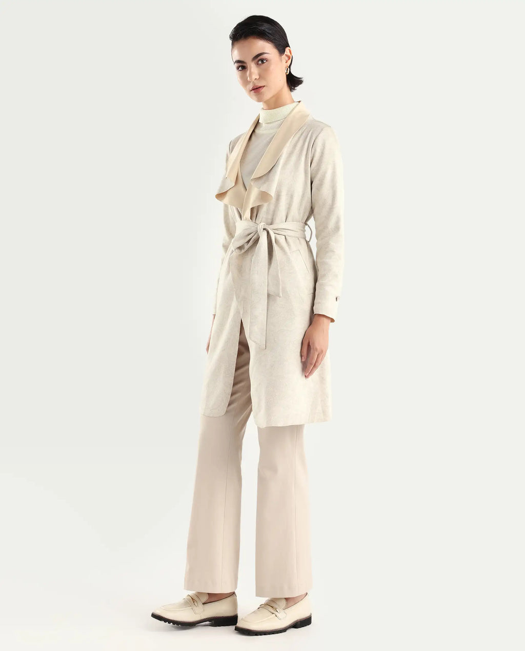 Rareism Women's Palmer 1 Beige Polyester Cutaway Collar Plain Knee Length Relaxed Fit Jacket
