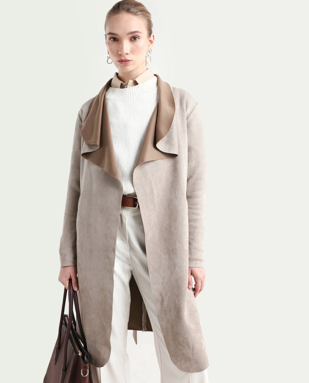 Rareism Women's Palmer-25 Off White Polyester Blend Fabric Lapel Neck Regular Fit Coat