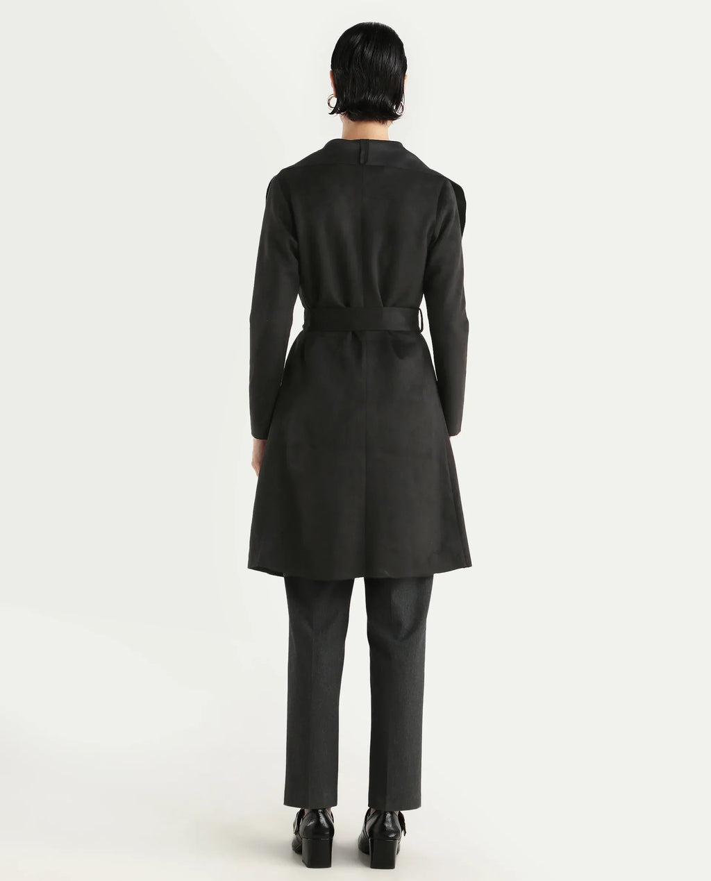 Rareism Women's Palmer 2 Black Suede Waterfall Neck Plain Midi Boxy Fit Jacket