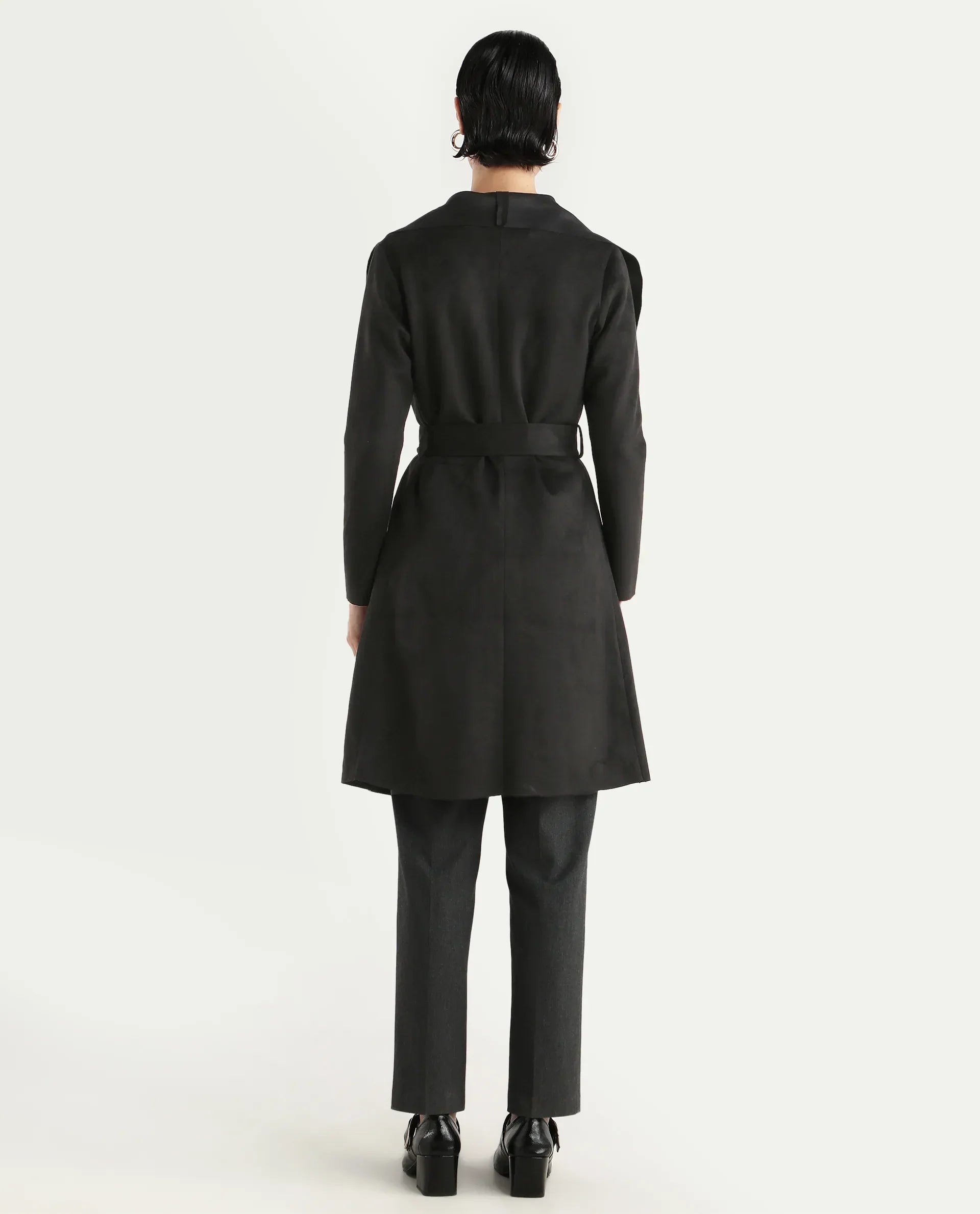 Rareism Women's Palmer 2 Black Suede Waterfall Neck Plain Midi Boxy Fit Jacket