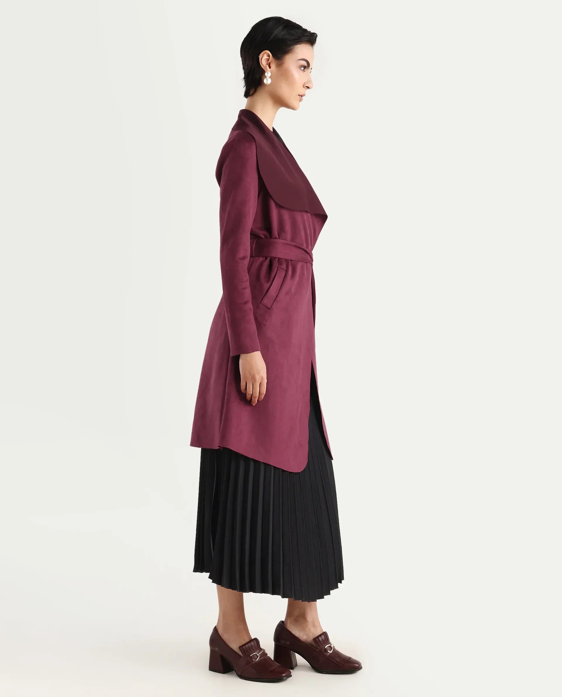 Rareism Women's Palmer 2 Maroon Suede Waterfall Neck Plain Midi Boxy Fit Jacket