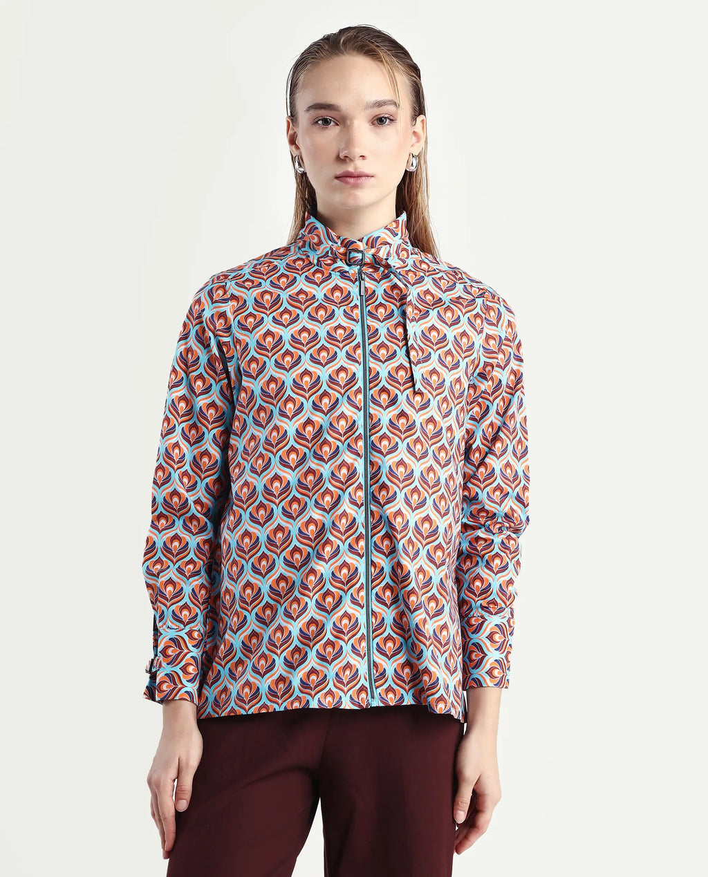 Rareism Women's Panache Multi Cotton High Neck Geometric Print Cuffed Sleeve Regular Fit Top