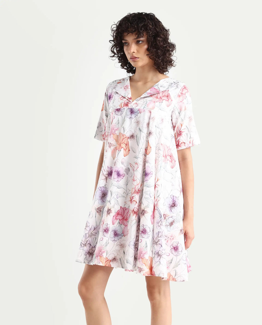 Rareism Women's Paola Multi Cotton Lapel Neck Floral Print Knee Length Flared Dress