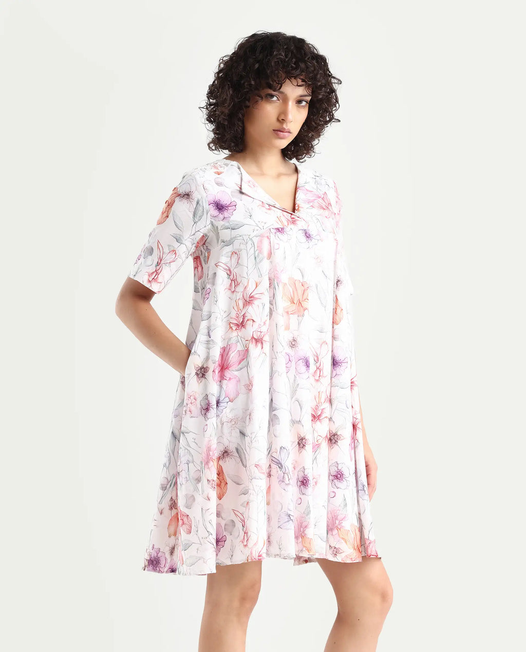 Rareism Women's Paola Multi Cotton Lapel Neck Floral Print Knee Length Flared Dress