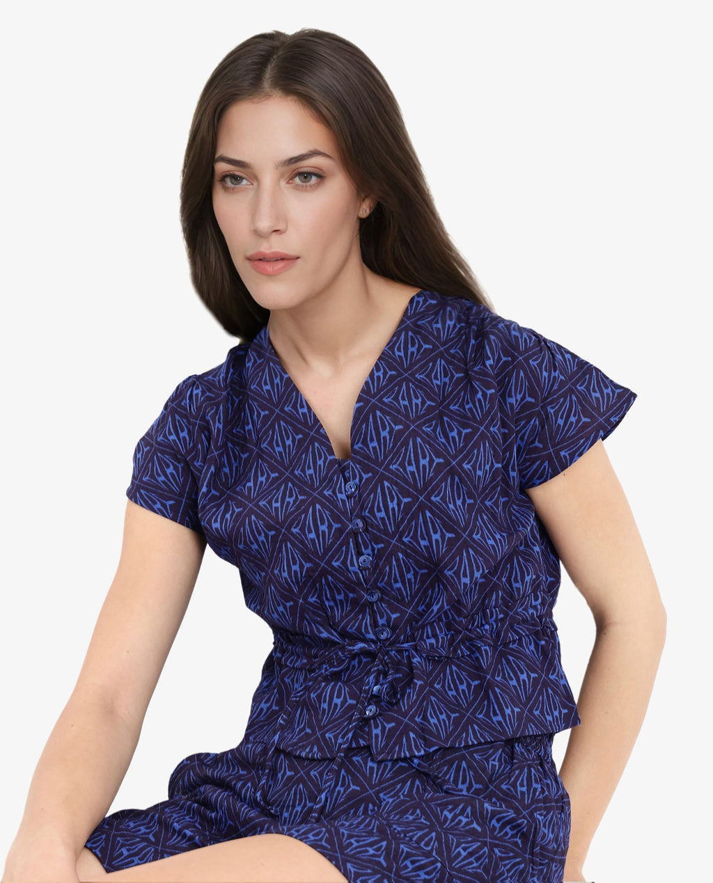 Rareism Women's Parma Dark Blue Cotton Blend Monogram Print Mini Regular Fit Shorts