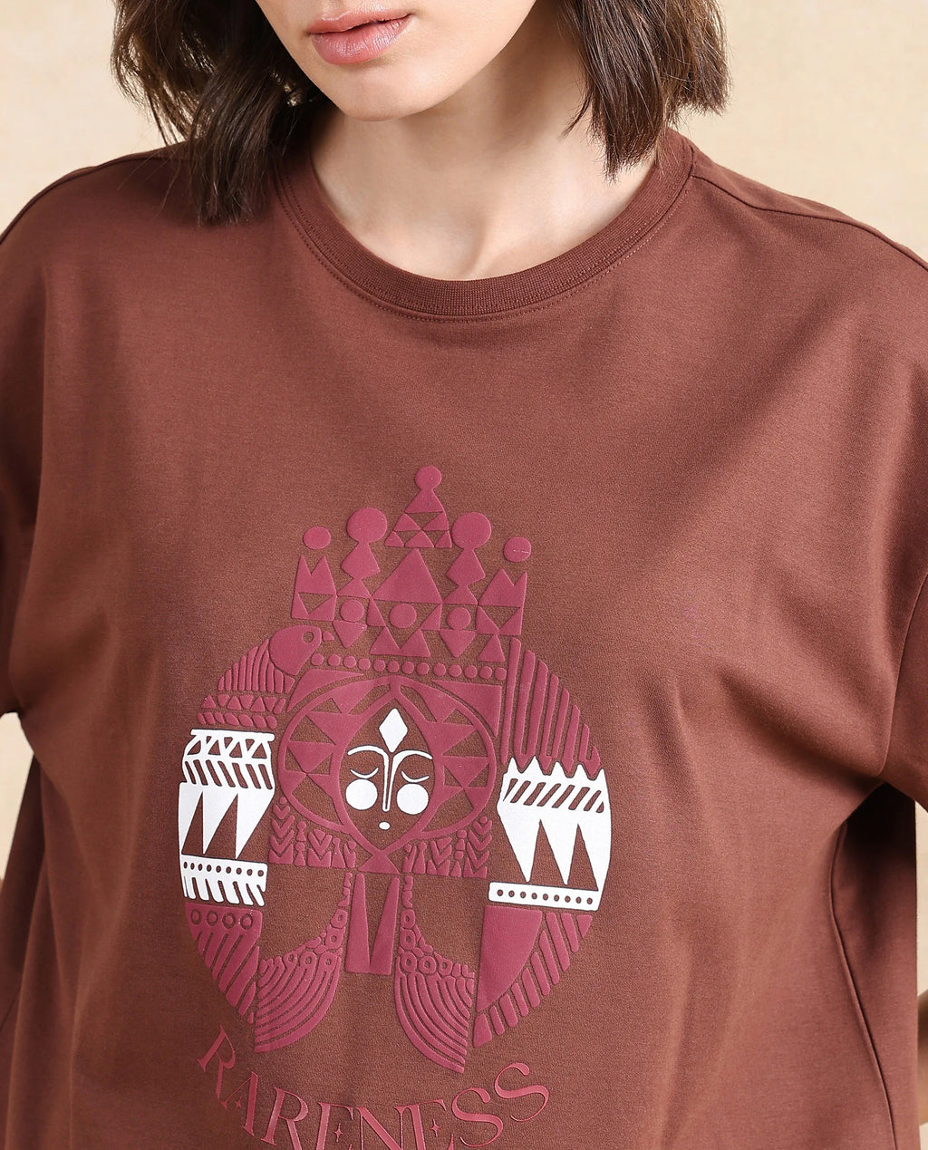 Rareism Women's Patch Brown Cotton Blend Crew Neck Graphic Print Oversized T-Shirt