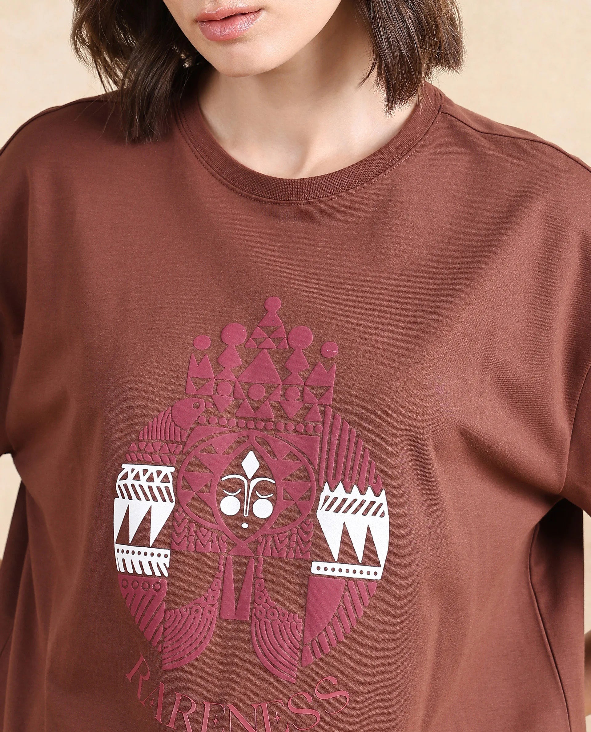 Rareism Women's Patch Brown Cotton Blend Crew Neck Graphic Print Oversized T-Shirt