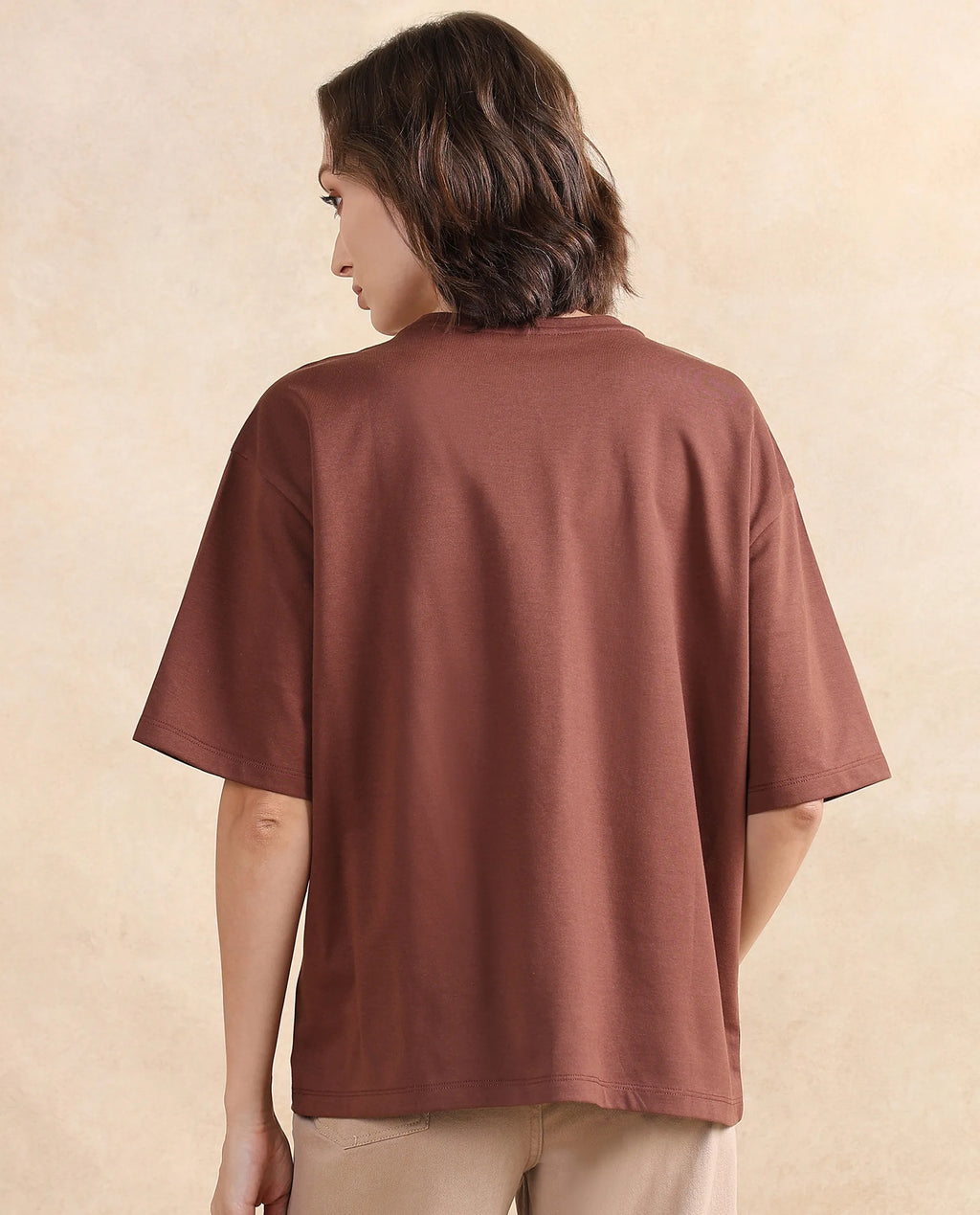 Rareism Women's Patch Brown Cotton Blend Crew Neck Graphic Print Oversized T-Shirt