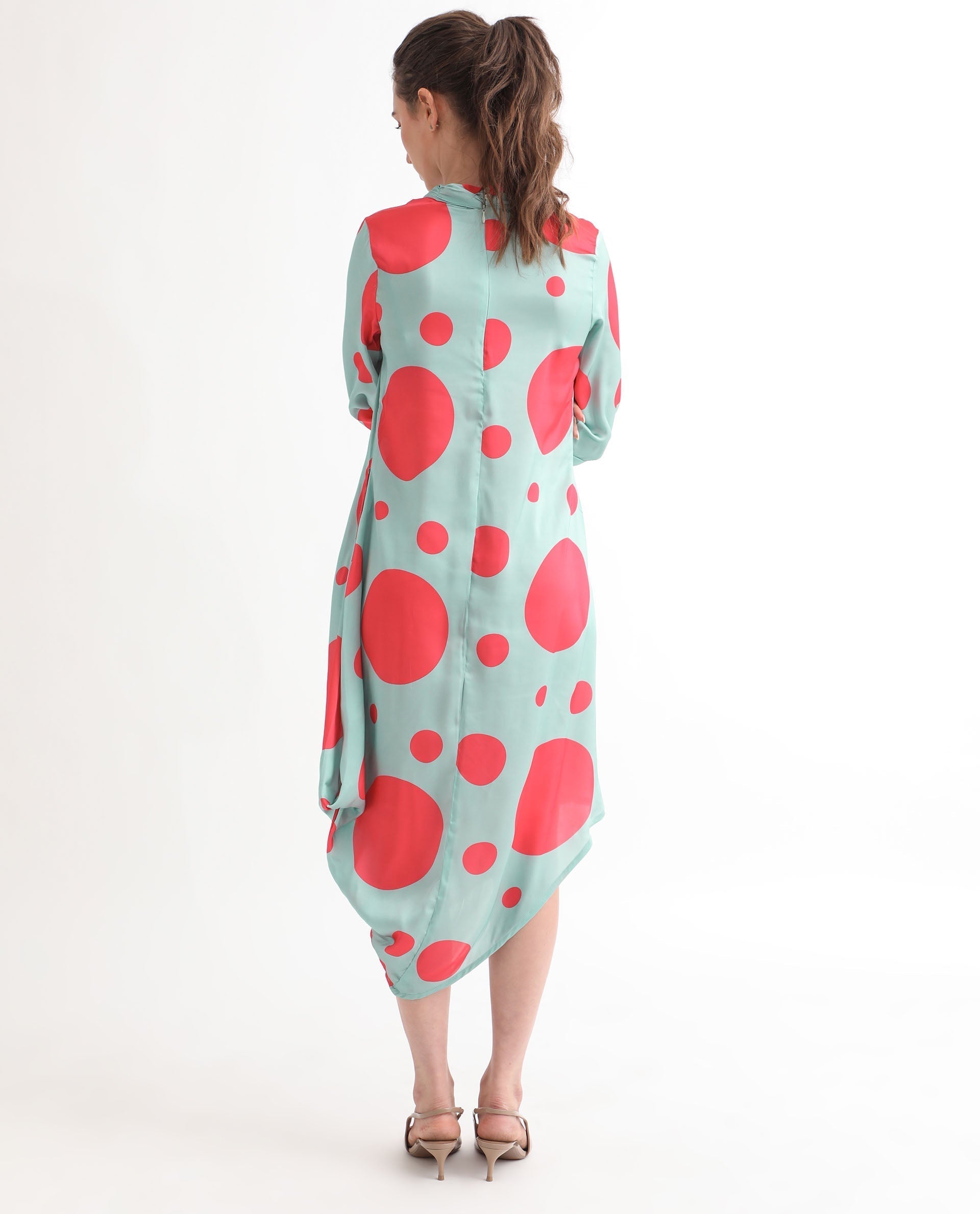Rareism Women's Paterson Light Turq Polyester High Neck Polka Print Knee Length Slim Fit Dress