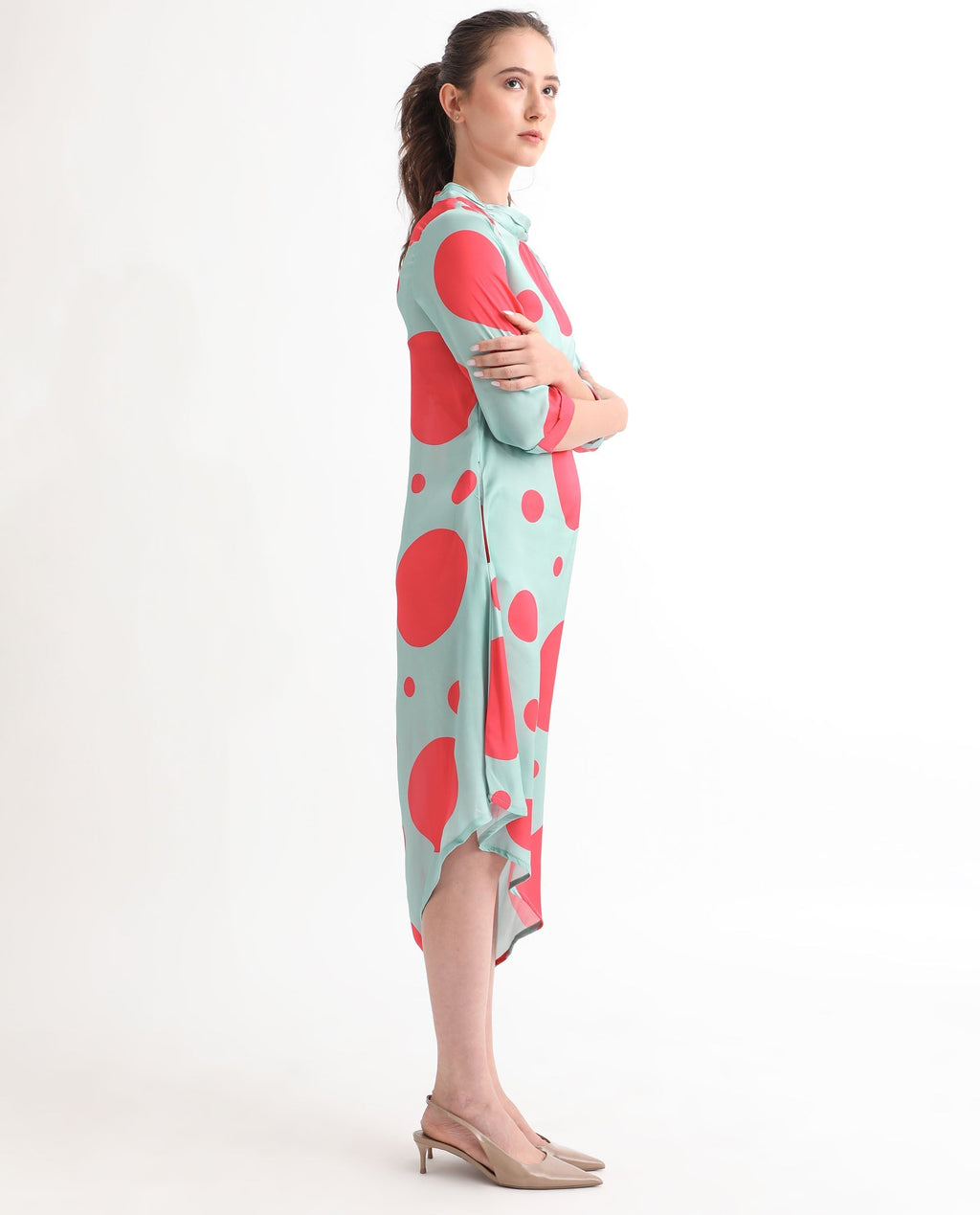 Rareism Women's Paterson Light Turq Polyester High Neck Polka Print Knee Length Slim Fit Dress