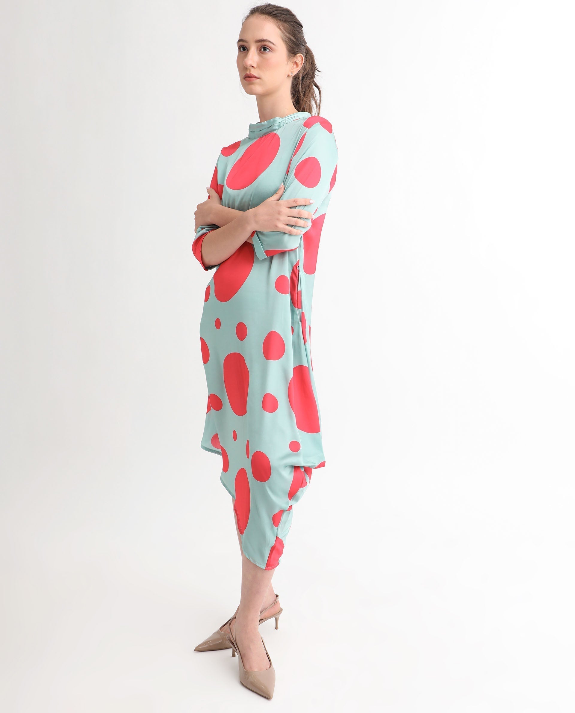 Rareism Women's Paterson Light Turq Polyester High Neck Polka Print Knee Length Slim Fit Dress
