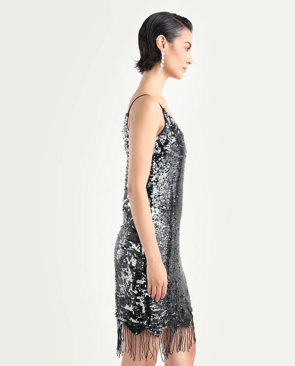 Rareism Women's Pau Sheen Black Polyester Shoulder Strap Sequined Shoulder Strap Mini Regular Fit Dress
