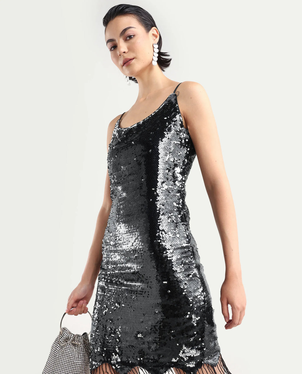 Rareism Women's Pau Sheen Black Polyester Shoulder Strap Sequined Shoulder Strap Mini Regular Fit Dress