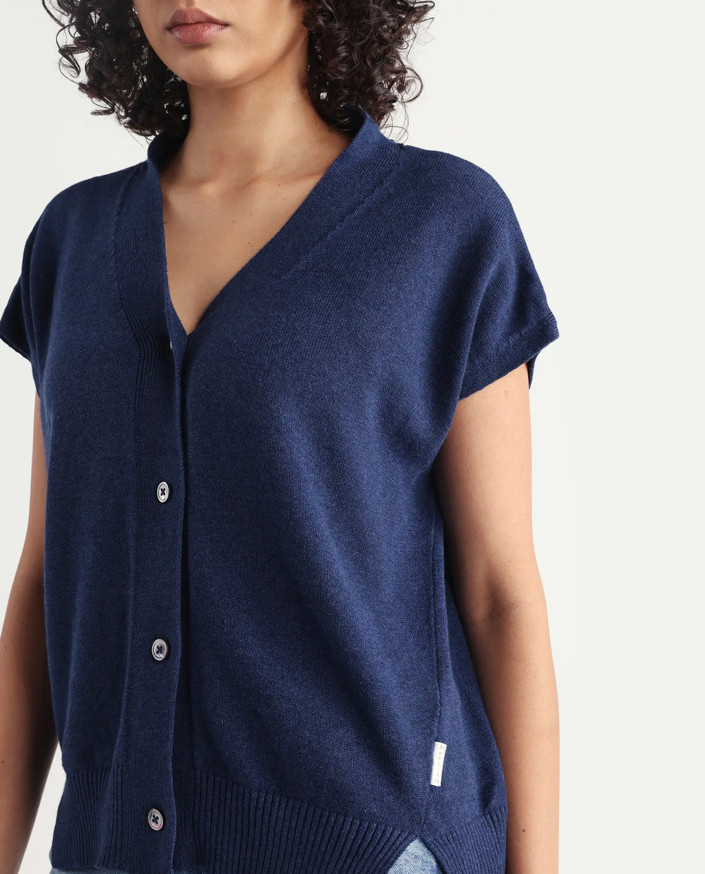 Rareism Women's Pave Blue Cotton V-Neck Plain Extended Sleeves Regular Fit Sweater