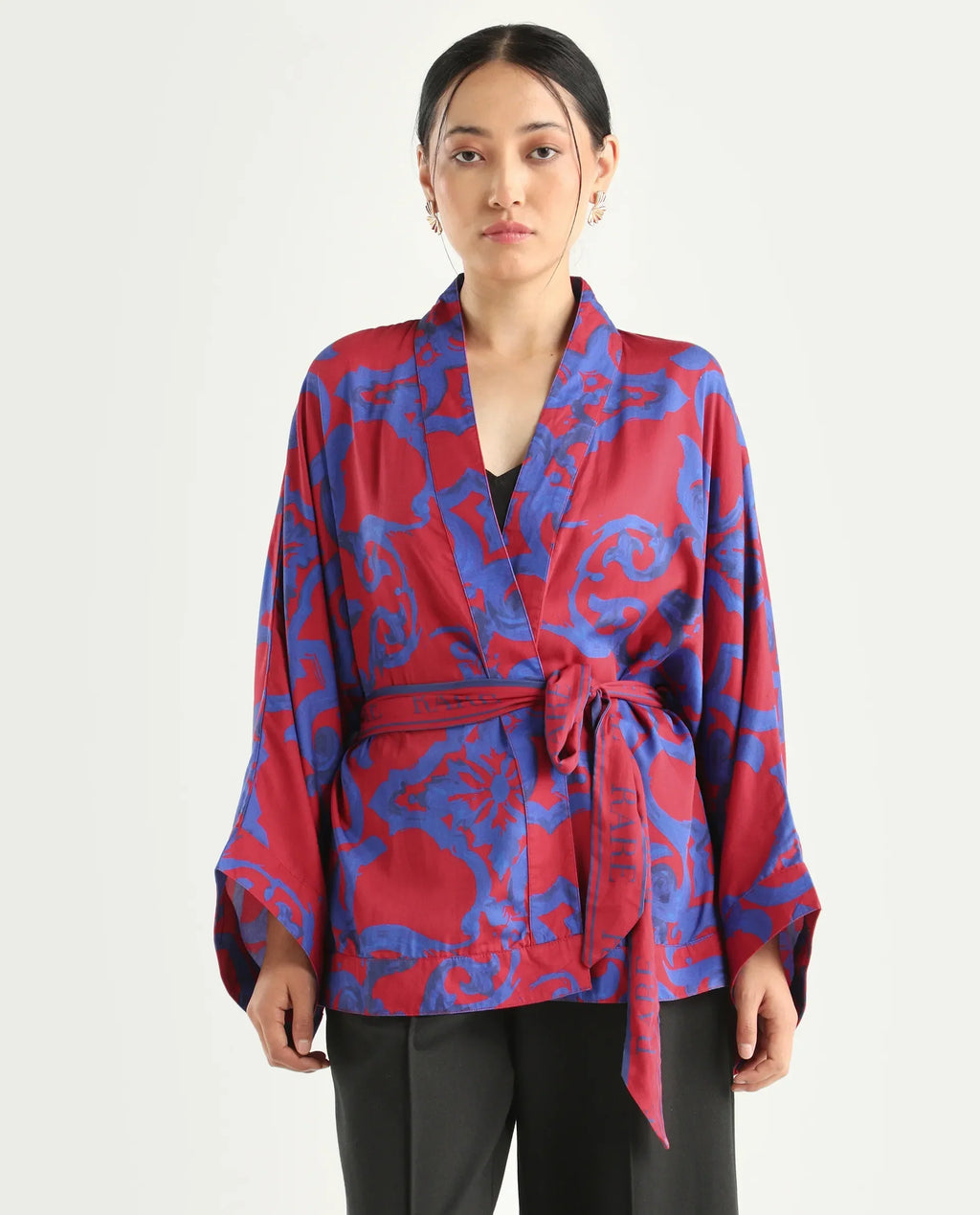 Rareism Women's Pavell Red Cotton Drop Collar Abstract Print Kimono Sleeve Regular Fit Top