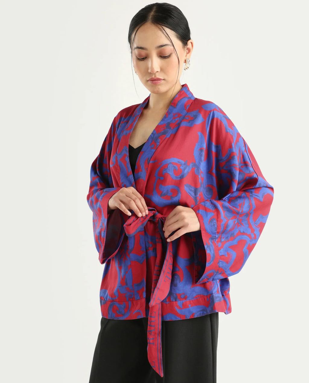 Rareism Women's Pavell Red Cotton Drop Collar Abstract Print Kimono Sleeve Regular Fit Top