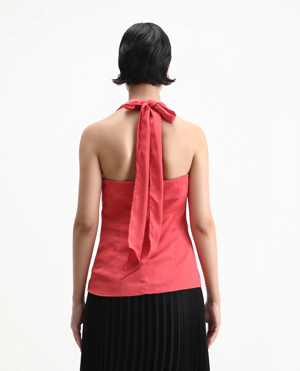 Rareism Women's Paxton Pastel Orange Satin Halter Neck Plain Sleeveless Regular Fit Top
