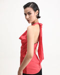 Rareism Women's Paxton Pastel Orange Satin Halter Neck Plain Sleeveless Regular Fit Top
