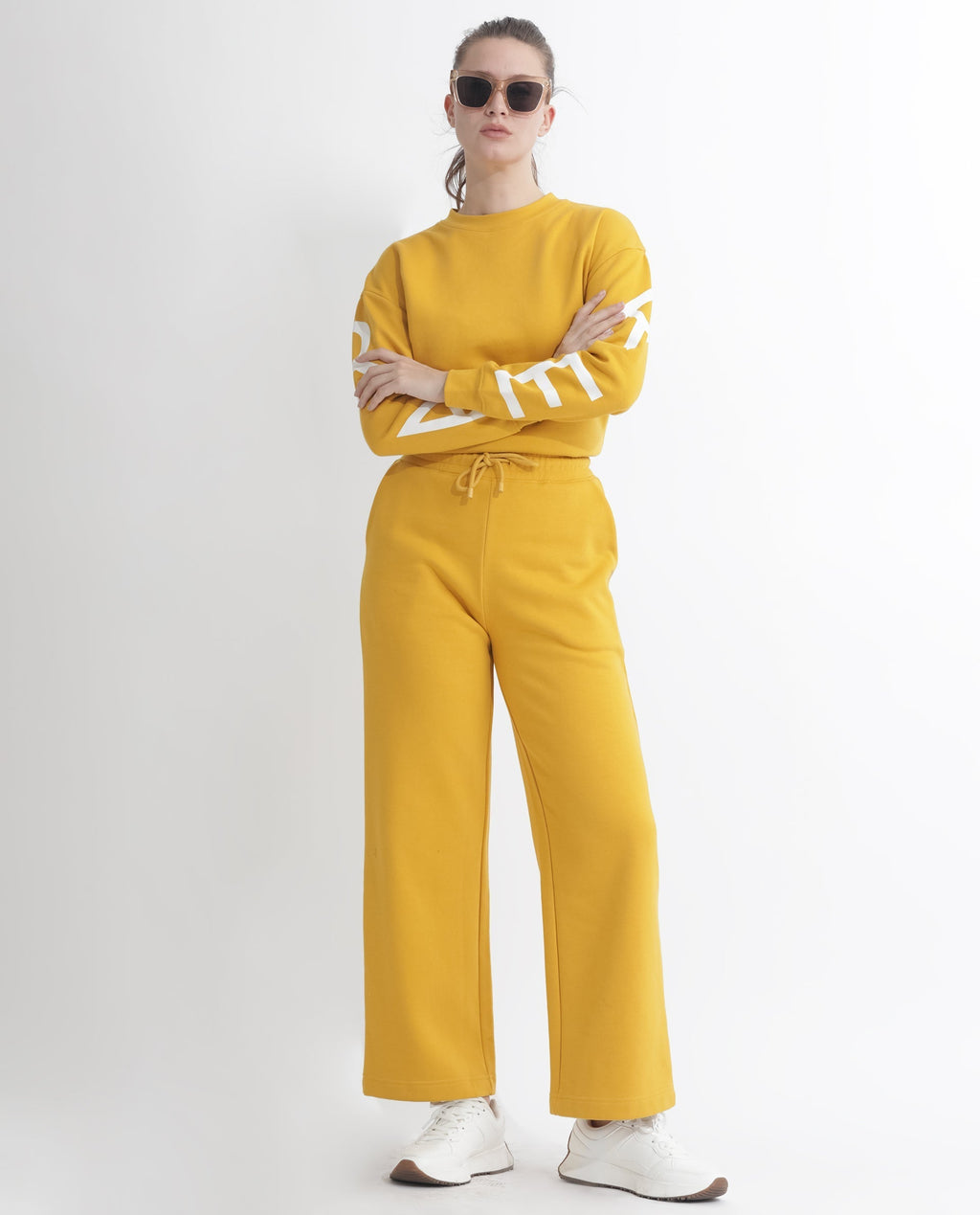 Rareism Women's Pazoo F Mustard Cotton Blend Plain Ankle Length Flared Track Pant
