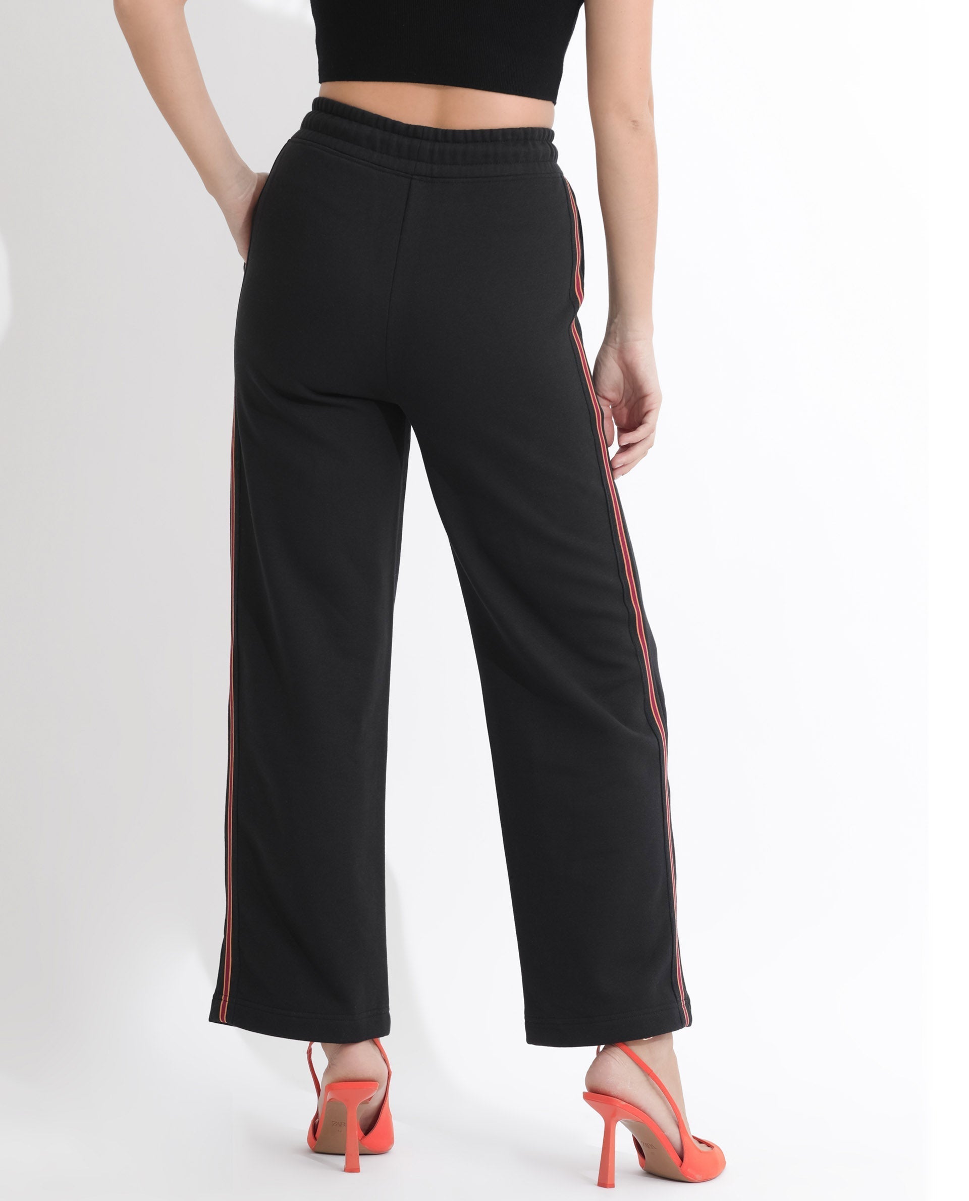 Rareism Women's Pazoo F Black Cotton Blend Plain Ankle Length Flared Track Pant