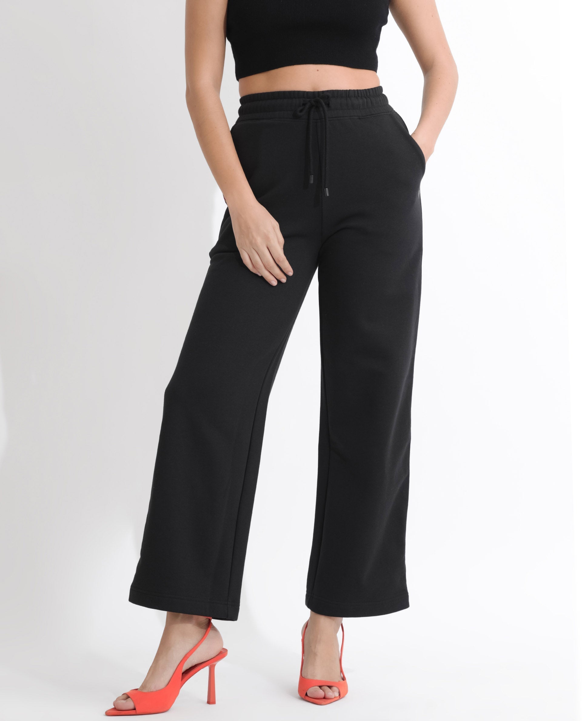 Rareism Women's Pazoo F Black Cotton Blend Plain Ankle Length Flared Track Pant