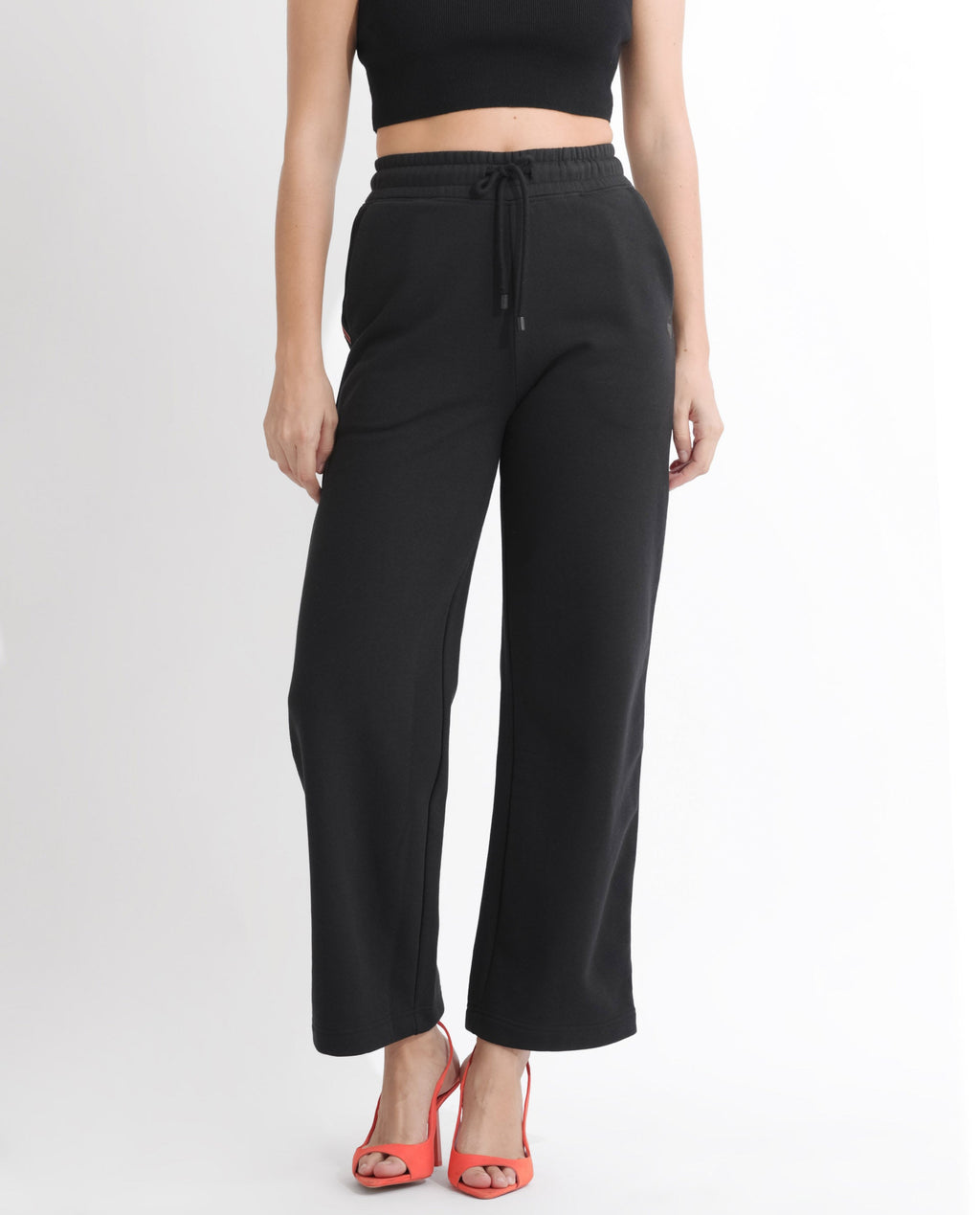 Rareism Women's Pazoo F Black Cotton Blend Plain Ankle Length Flared Track Pant